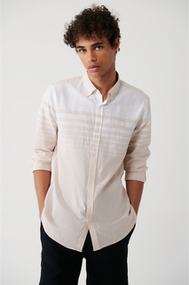 Мужская бежевая приталенная рубашка из 100% хлопка с воротником на пуговицах и льняным узором в полоску Avva, бежевый