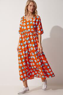 Женское оранжевое летнее платье с v-образным вырезом и воланами и цветочным принтом Happiness İstanbul, оранжевый