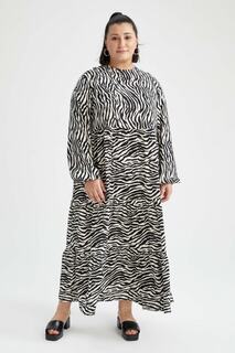 DF Plus Платье макси с круглым вырезом и зебровым узором, длинными рукавами, больших размеров DeFacto, черный