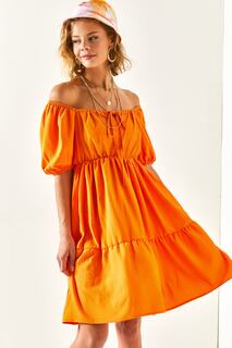 Женское оранжевое мини-платье с эластичной резинкой на талии и шнуровкой с воротником «кармен» Olalook, оранжевый