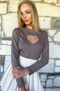 Женская блузка-бретелька из норки с круглым вырезом и вышивкой в форме сердца ALC-X7995 Trend Alaçatı Stili, коричневый