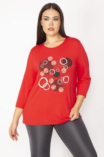 Женская блузка-капри большого размера с красным принтом и камнями, рукавами 65n29466 Şans, красный
