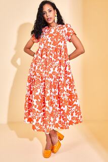 Женское оранжевое платье с круглым вырезом и цветочным узором 2YZK6-12757-11 XHAN, оранжевый