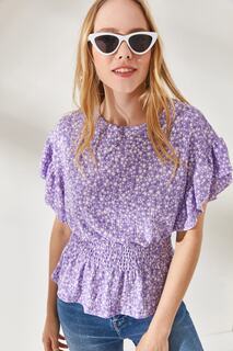 Женская блузка-летучая мышь с цветочным принтом, сиреневой талией, эластичной резинкой на талии, рукавами и оборками Olalook, фиолетовый