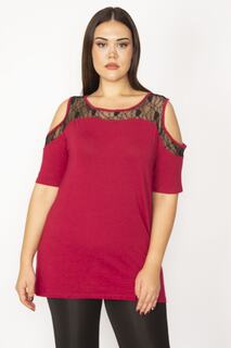 Женская бордовая красная кружевная блузка большого размера 65n29674 Şans, красный