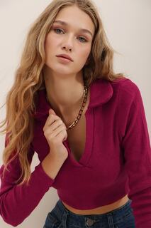 Женская бордовая укороченная блузка с воротником-поло в рубчик и мягкой текстурой ALC-X7322 Trend Alaçatı Stili, бордовый