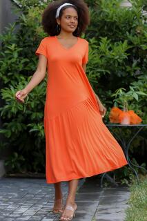 Женское оранжевое повседневное трикотажное широкое платье большого размера с v-образным вырезом и короткими вискозными сборками Chiccy, оранжевый