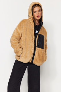 EkruCamel Плюшевое пальто оверсайз с капюшоном и карманами Trendyol, коричневый