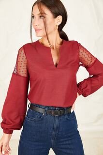 Женская бордовая блузка-баллон из тюля с v-образным вырезом и рукавами armonika, бордовый
