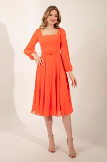 Женское оранжевое шифоновое вечернее платье миди с квадратным воротником и поясом Lafaba, оранжевый