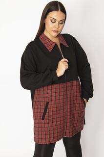 Женское пальто большого размера бордового цвета в клетку с детальным карманом на молнии 65n29569 Şans, бордовый
