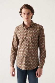 Мужская коричневая рубашка приталенного кроя из 100% хлопка с абстрактным рисунком Avva, коричневый