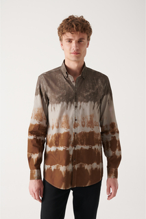 Мужская коричневая рубашка Slim Fit из 100% хлопка с воротником на пуговицах с принтом Avva, коричневый