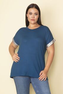 Женская вискозная блузка большого размера с рукавами-бензинами и пайетками и V-образным вырезом 65n28743 Şans, синий