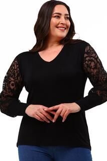 Женская вискозная блузка большого размера с черными рукавами и V-образным вырезом Şans, черный