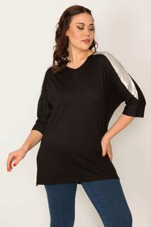 Женская вискозная блузка большого размера с серебряными пайетками и V-образным вырезом, рукавами-капри Şans, черный