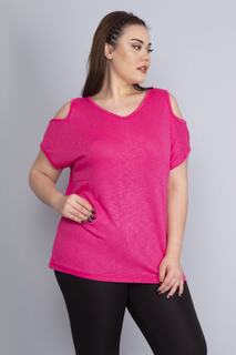 Женская вискозная блузка большого размера цвета фуксии с глубоким вырезом на плечах Şans, розовый