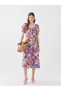 Lcw Vision Женское платье с коротким рукавом и воротником-сердечком с цветочным принтом LC Waikiki, разноцветный