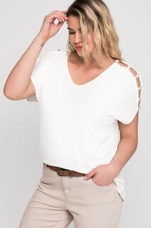 Женская вискозная блузка большого размера с глубоким вырезом и жемчугом 65n15453 Şans, экрю