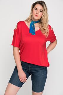 Женская вискозная блузка большого размера с красными плечами и низким вырезом 65n22698 Şans, красный