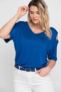 Женская вискозная блузка большого размера с глубоким вырезом и плечами 65n22698 Şans, темно-синий