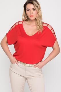 Женская вискозная блузка большого размера с красными плечами и декольте с жемчугом 65n15453 Şans, красный