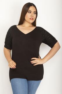 Женская вискозная блузка большого размера с черными рукавами и деталями 65n26416 Şans, черный
