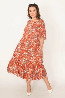 Женское платье большого размера из вискозной ткани бордового цвета с эластичным воротником и рукавами с воланами Şans, бордовый