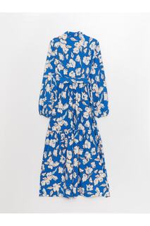 Lcw Скромное женское платье с рубашечным воротником и цветочным принтом с длинными рукавами LC Waikiki, синий