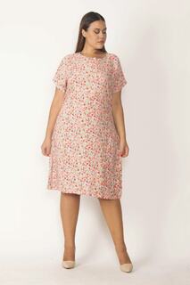 Женское платье большого размера из вискозной ткани с поясом и пуговицами спереди, с половиной нашивками на талии, 65n27687 Şans, розовый