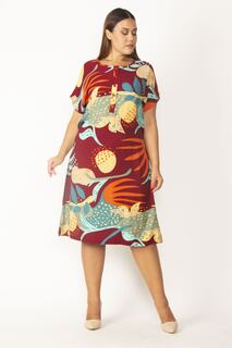 Женское платье большого размера из вискозной ткани бордового цвета с застежкой на пуговицах и поясом спереди, 65n27722 Şans, разноцветный