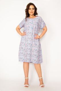 Женское платье большого размера из вискозной ткани голубого цвета с пуговицами спереди и поясом на талии 65n33614 Şans, бежевый