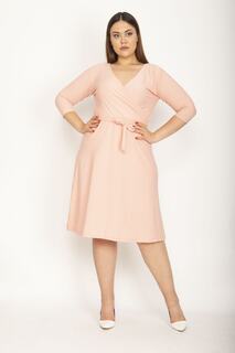 Женское платье большого размера из лайкры и крепа с запахом и воротником-капри, Şans, розовый
