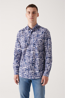 Мужская приталенная рубашка из 100% хлопка темно-синего цвета с абстрактным рисунком Avva, темно-синий
