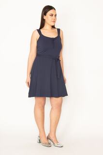 Женское платье большого размера темно-синего цвета из хлопчатобумажной ткани с рюшами на груди и бантом 65n26956 Şans, темно-синий