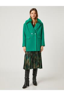 Melis Ağazat X — двубортное короткое пальто оверсайз со съемным воротником и плюшевой деталью Koton, зеленый