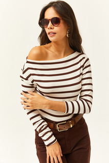 Женская гибкая блузка премиум-класса в горько-коричневую полоску Soft Touch с вырезом «лодочка» Olalook, коричневый