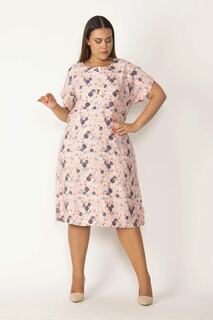 Женское платье из вискозной ткани большого размера с застежкой на пуговицах и поясом спереди, 65n27687 Şans, розовый