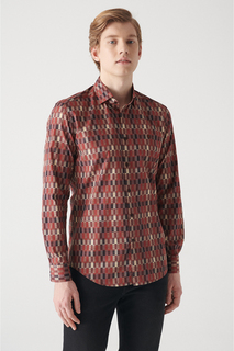 Мужская рубашка приталенного кроя из 100% хлопка бордового цвета с абстрактным рисунком Avva, бордовый