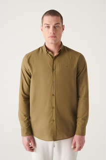 Мужская рубашка стандартного кроя из 100% хлопка цвета хаки с тонким мягким воротником на пуговицах и длинными рукавами Avva