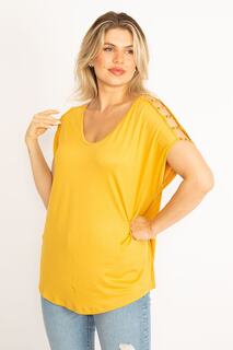 Женская горчичная блузка больших размеров с жемчугом на плечах 65n34555 Şans, желтый