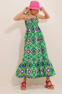 Женское платье из поплина Saks зеленого цвета с веревочным ремнем и цветочным узором, с воланами по краю ALC-X8732 Trend Alaçatı Stili, зеленый