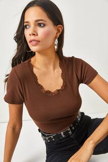 Женская горько-коричневая блузка с короткими рукавами и кружевом из лайкры с вырезом «бассейн» Olalook, коричневый