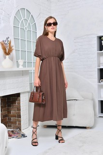 Женское платье макси со сборками на талии и V-образным вырезом на рукавах VOLT CLOTHİNG, коричневый