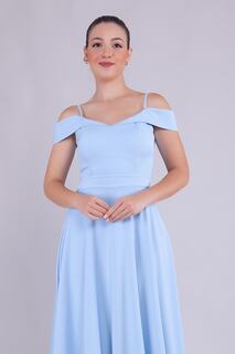 Женское платье макси-длины из ткани атлас с воротником и плечами на тонких бретелях, голубое платье 262 lovebox, синий