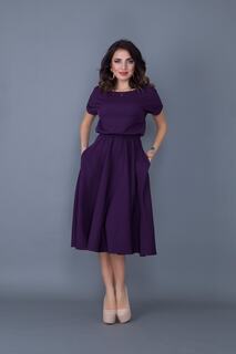 Женское платье миди из гибкой ткани атлас с эластичной резинкой на талии и карманами с круглым воротником, расклешенное сливовое платье 222 lovebox, фиолетовый