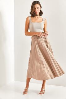 Женская длинная плиссированная юбка с поясом Bianco Lucci, коричневый