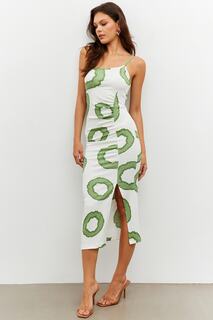 Женское платье миди экрю-зеленого цвета со сборками и узором на бретелях Cool &amp; Sexy