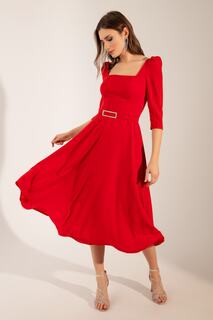 Женское платье миди с красным квадратным воротником и поясом Lafaba, красный