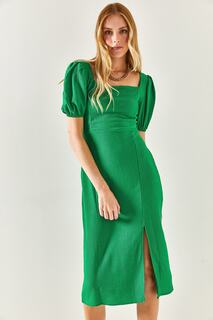 Женское платье миди травяного цвета с разрезом и открытой спиной Olalook, зеленый